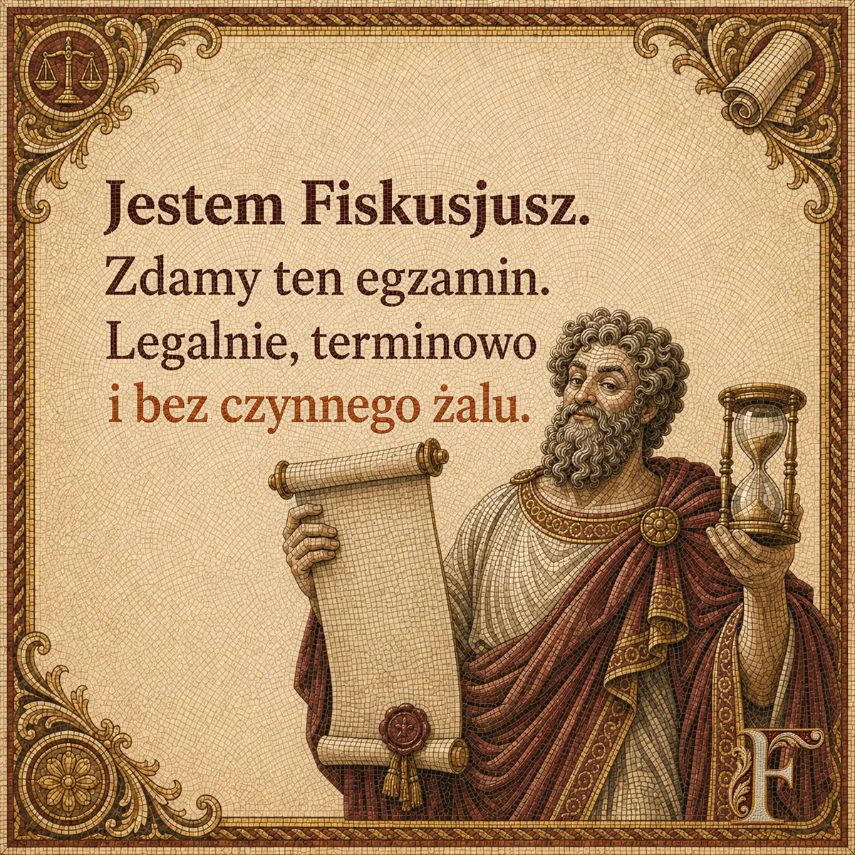 Fiskusjusz z rozwiniętym zwojem w jednej ręce i klepsydrą w drugiej. Napis: Jestem Fiskusjusz. Zdamy ten egzamin. Legalnie, terminowo i bez czynnego żalu.