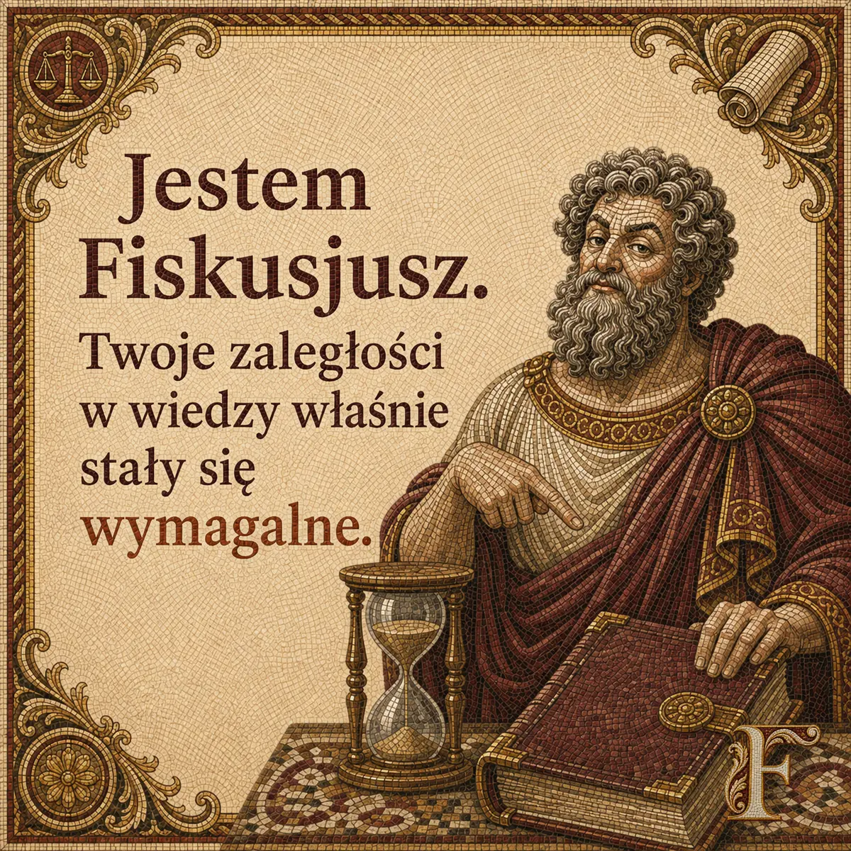 Fiskusjusz opiera dłoń na grubej księdze, obok stoi klepsydra. Napis: Jestem Fiskusjusz. Twoje zaległości w wiedzy właśnie stały się wymagalne.