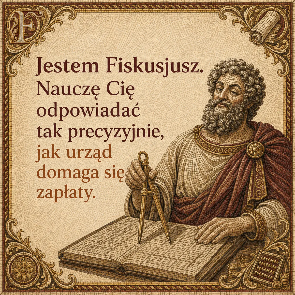 Fiskusjusz z cyrklem nad rozłożonym rejestrem, obok liczydło. Napis: Jestem Fiskusjusz. Nauczę Cię odpowiadać tak precyzyjnie, jak urząd domaga się zapłaty.