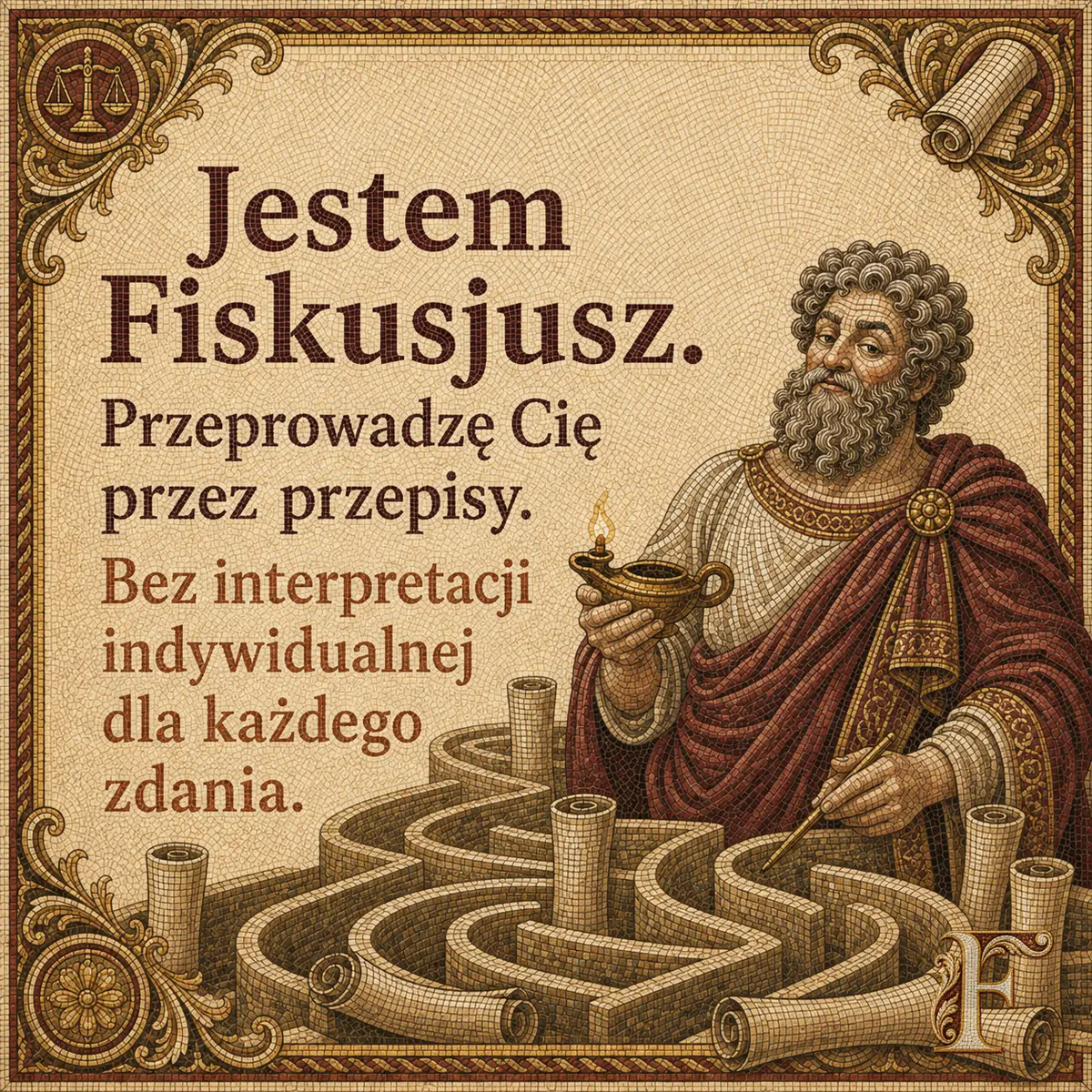 Fiskusjusz z lampką oliwną nad labiryntem ułożonym ze zwojów. Napis: Jestem Fiskusjusz. Przeprowadzę Cię przez przepisy. Bez interpretacji indywidualnej dla każdego zdania.