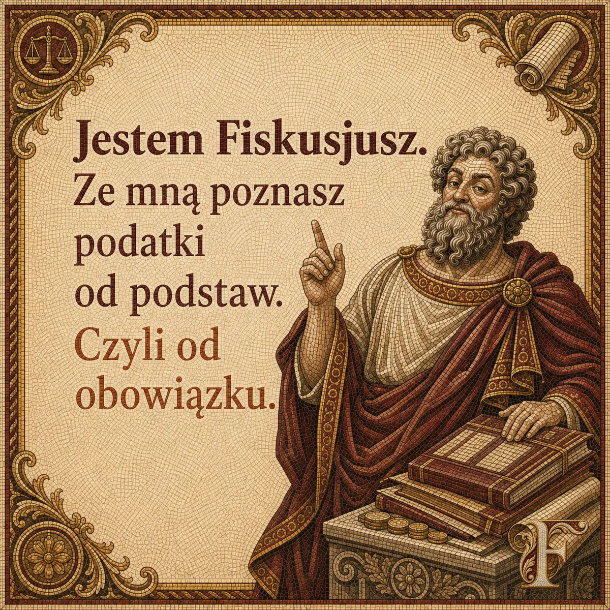 Fiskusjusz z uniesionym palcem wskazującym, obok stos ksiąg. Napis: Jestem Fiskusjusz. Ze mną poznasz podatki od podstaw. Czyli od obowiązku.