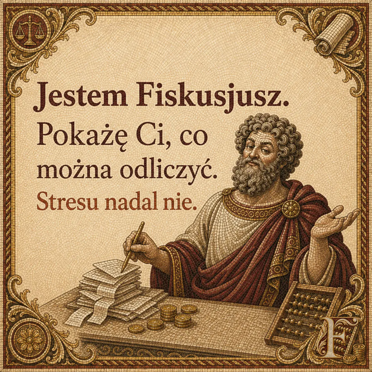 Fiskusjusz przy stole zarzuconym rachunkami, z piórem i liczydłem. Napis: Jestem Fiskusjusz. Pokażę Ci, co można odliczyć. Stresu nadal nie.