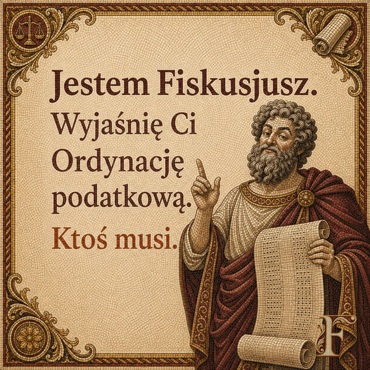 Fiskusjusz rozwija długi zwój sięgający posadzki. Napis: Jestem Fiskusjusz. Wyjaśnię Ci Ordynację podatkową. Ktoś musi.