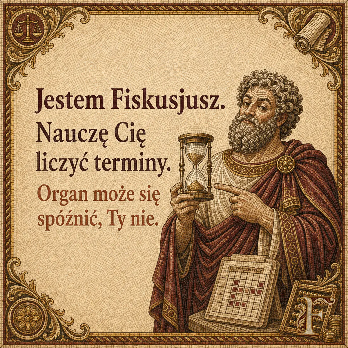 Fiskusjusz z klepsydrą, obok tabliczka z kalendarzem i liczydło. Napis: Jestem Fiskusjusz. Nauczę Cię liczyć terminy. Organ może się spóźnić, Ty nie.