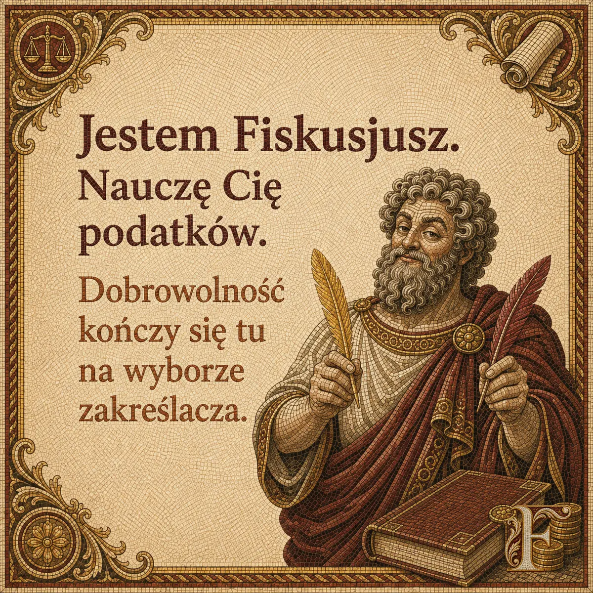 Fiskusjusz z dwoma piórami w dłoniach, przed nim gruba księga. Napis: Jestem Fiskusjusz. Nauczę Cię podatków. Dobrowolność kończy się tu na wyborze zakreślacza.