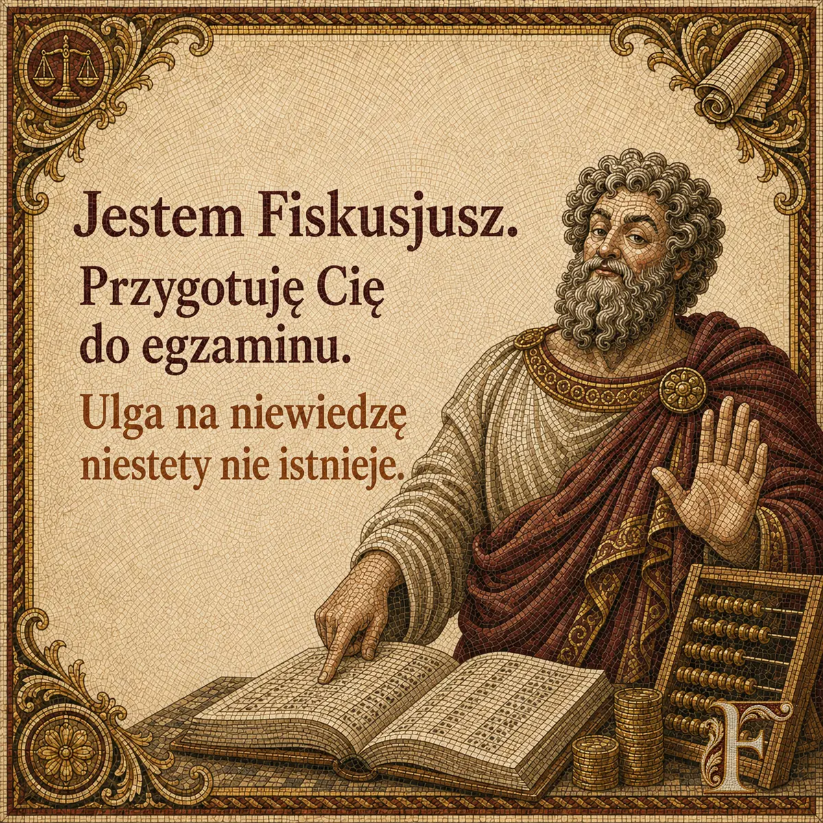 Fiskusjusz z otwartą księgą rachunkową i liczydłem, dłoń uniesiona w geście powstrzymania. Napis: Jestem Fiskusjusz. Przygotuję Cię do egzaminu. Ulga na niewiedzę niestety nie istnieje.