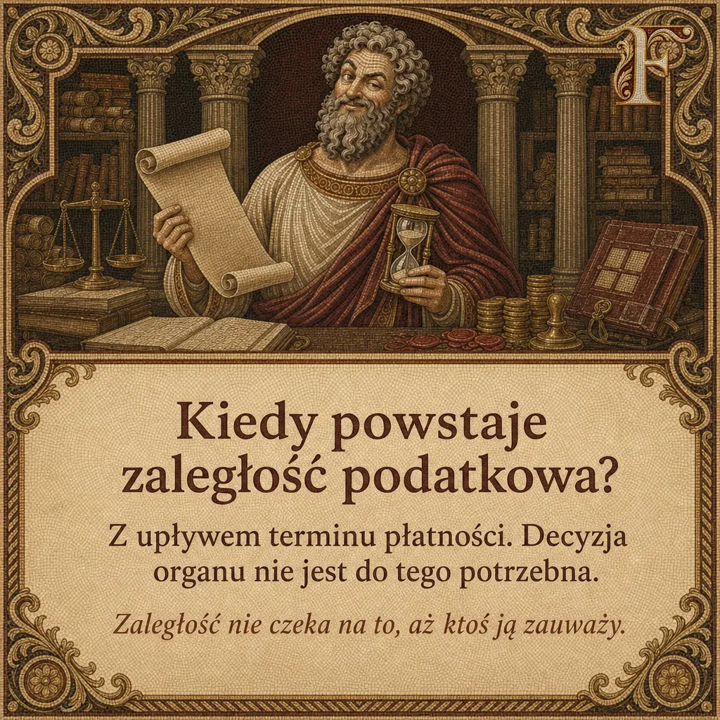 Fiskusjusz w bibliotece ze zwojem i klepsydrą, pod nim tabliczka z pytaniem i odpowiedzią. Napis: Kiedy powstaje zaległość podatkowa? Z upływem terminu płatności. Decyzja organu nie jest do tego potrzebna. Zaległość nie czeka na to, aż ktoś ją zauważy.