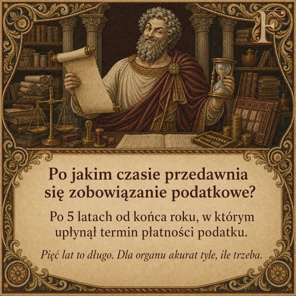 Fiskusjusz nad rozłożoną księgą i liczydłem, pod spodem tabliczka z pytaniem i odpowiedzią. Napis: Po jakim czasie przedawnia się zobowiązanie podatkowe? Po 5 latach od końca roku, w którym upłynął termin płatności podatku. Pięć lat to długo. Dla organu akurat tyle, ile trzeba.