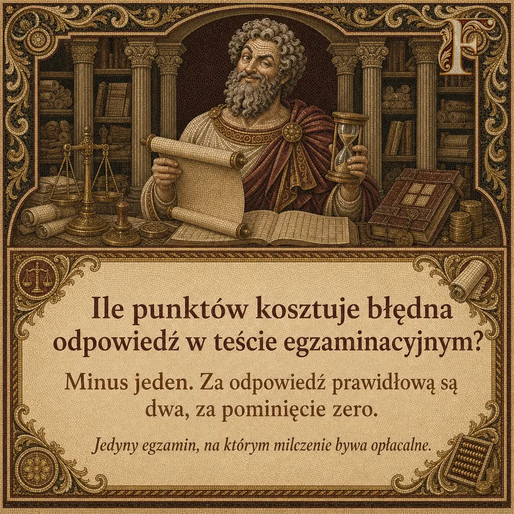 Fiskusjusz między kolumnami z wagą i księgami, pod spodem tabliczka z pytaniem o punktację. Napis: Ile punktów kosztuje błędna odpowiedź w teście egzaminacyjnym? Minus jeden. Za odpowiedź prawidłową są dwa, za pominięcie zero. Jedyny egzamin, na którym milczenie bywa opłacalne.