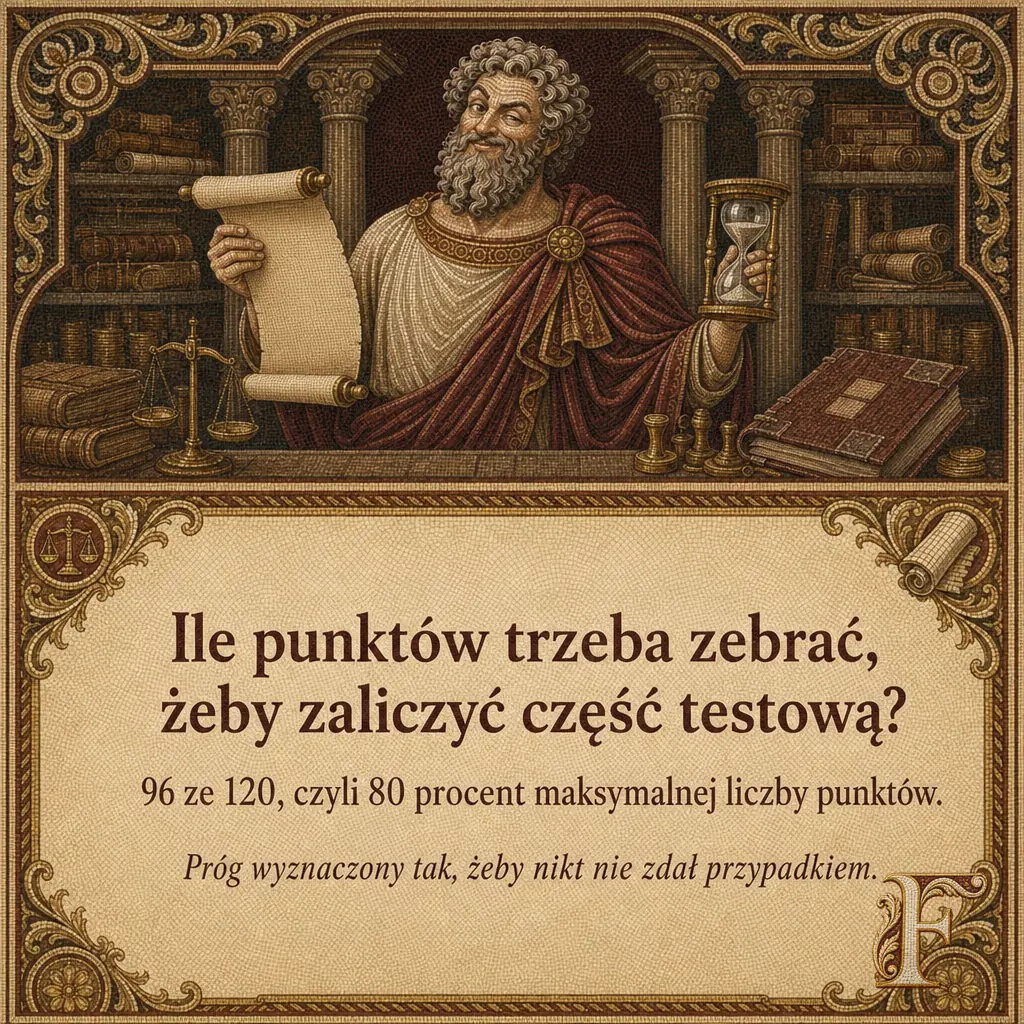 Fiskusjusz z uniesioną klepsydrą nad stosem ksiąg, pod spodem tabliczka z progiem zaliczenia. Napis: Ile punktów trzeba zebrać, żeby zaliczyć część testową? 96 ze 120, czyli 80 procent maksymalnej liczby punktów. Próg wyznaczony tak, żeby nikt nie zdał przypadkiem.