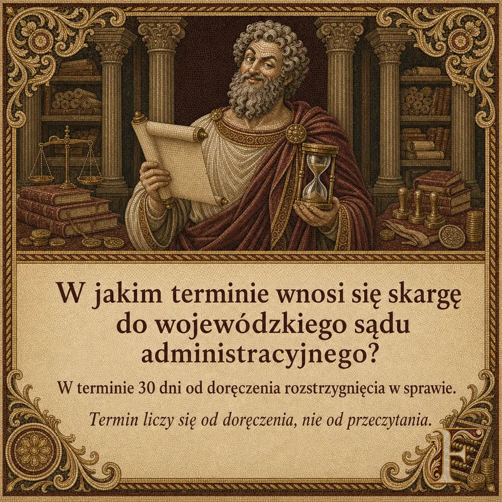 Fiskusjusz czyta zwój w bibliotece, pod spodem tabliczka z pytaniem o termin skargi. Napis: W jakim terminie wnosi się skargę do wojewódzkiego sądu administracyjnego? W terminie 30 dni od doręczenia rozstrzygnięcia w sprawie. Termin liczy się od doręczenia, nie od przeczytania.