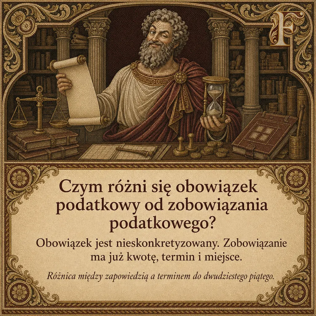 Fiskusjusz ze zwojem i klepsydrą przy stole z wagą, pod spodem tabliczka o obowiązku i zobowiązaniu. Napis: Czym różni się obowiązek podatkowy od zobowiązania podatkowego? Obowiązek jest nieskonkretyzowany. Zobowiązanie ma już kwotę, termin i miejsce. Różnica między zapowiedzią a terminem do dwudziestego piątego.
