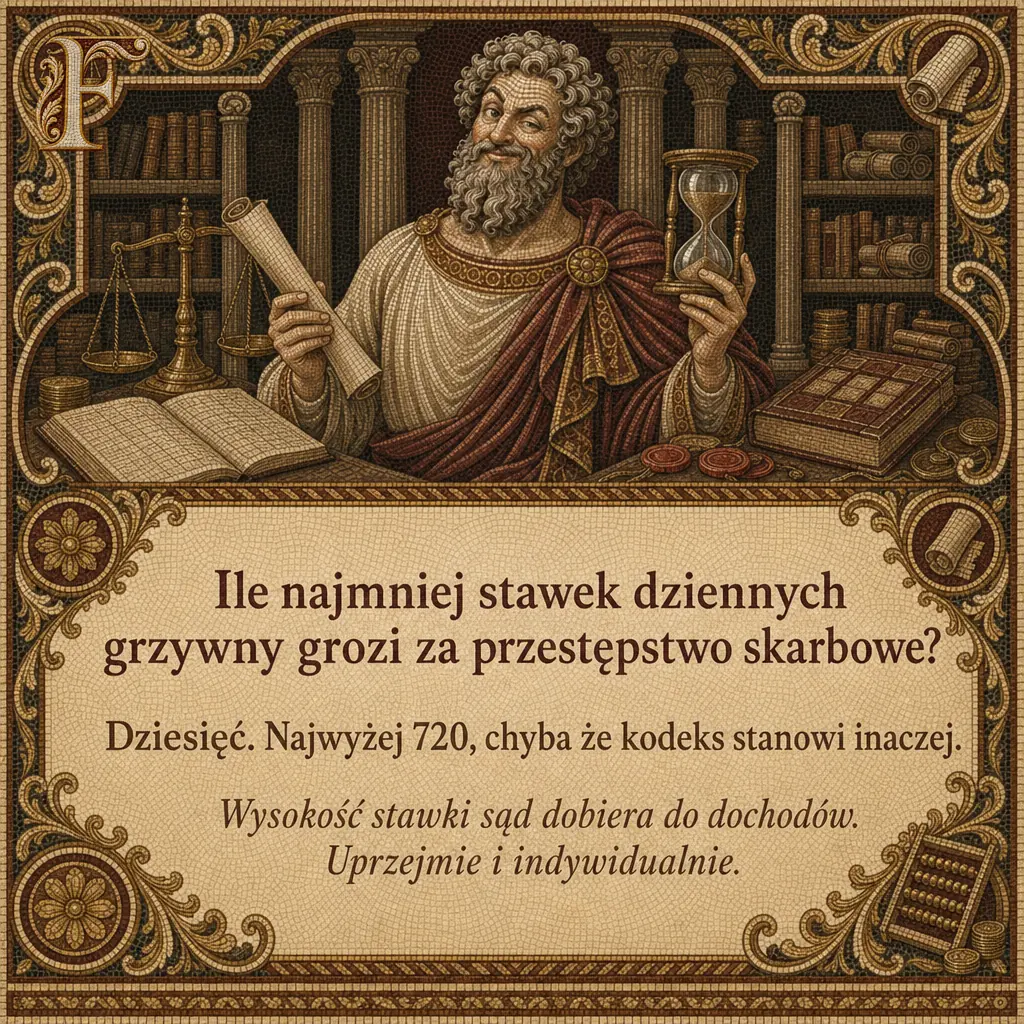 Fiskusjusz nad otwartą księgą i wagą, pod spodem tabliczka z pytaniem o stawki dzienne grzywny. Napis: Ile najmniej stawek dziennych grzywny grozi za przestępstwo skarbowe? Dziesięć. Najwyżej 720, chyba że kodeks stanowi inaczej. Wysokość stawki sąd dobiera do dochodów. Uprzejmie i indywidualnie.