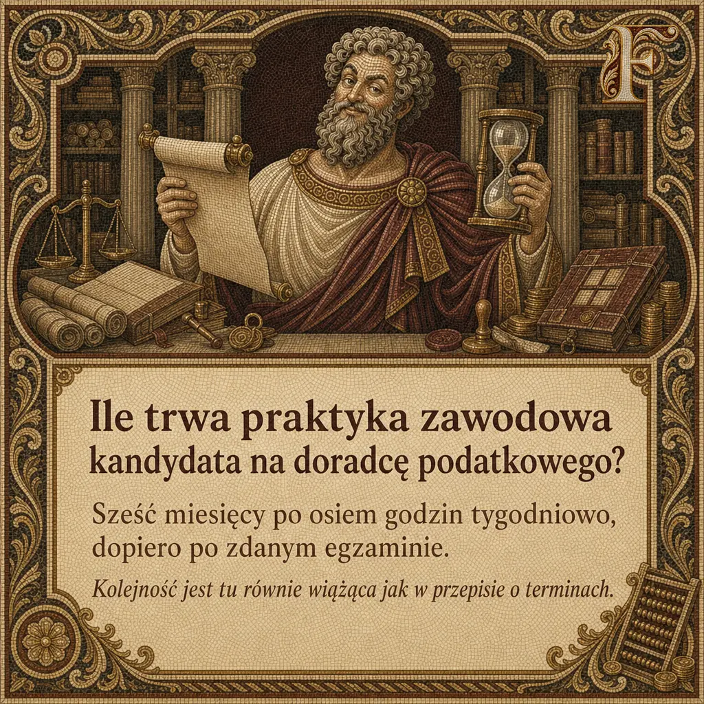 Fiskusjusz ze zwojem i klepsydrą wśród zwojów i pieczęci, pod spodem tabliczka o praktyce zawodowej. Napis: Ile trwa praktyka zawodowa kandydata na doradcę podatkowego? Sześć miesięcy po osiem godzin tygodniowo, dopiero po zdanym egzaminie. Kolejność jest tu równie wiążąca jak w przepisie o terminach.